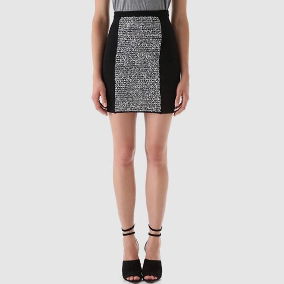 Alexander Wang Black White Wool Tweed Knit Bodycon Stretch Mini Skirt Size Large - Picture 1 of 7